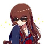  1girl breasts brown_eyes brown_hair chan_co cleavage closed_mouth eyebrows_visible_through_hair fate/extra fate/extra_ccc fate_(series) kishinami_hakuno_(female) long_hair looking_at_viewer school_uniform serafuku simple_background smile solo sunglasses upper_body white_background 