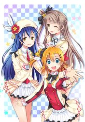  3girls bangs black_neckwear blue_eyes blue_hair earrings frilled_shirt_collar frills grey_hair hair_between_eyes hair_ornament hairclip hat jewelry kousaka_honoka long_hair looking_at_viewer love_live! love_live!_school_idol_project minami_kotori multiple_girls one_eye_closed one_side_up open_mouth orange_hair smile sonoda_umi sore_wa_bokutachi_no_kiseki yellow_eyes 