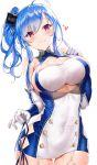  1girl ahoge azur_lane bangs bare_shoulders blue_hair blush breasts buttons cleavage cleavage_cutout commentary_request covered_navel dress elbow_gloves eyebrows_visible_through_hair garter_straps gloves hair_ornament head_tilt highres hips index_finger_raised large_breasts long_hair looking_at_viewer narae short_dress side_ponytail sidelocks simple_background smile solo st._louis_(azur_lane) violet_eyes waist white_background white_dress white_gloves 