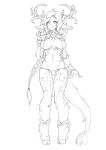  1girl animal_ears antlers barbariank braid breasts eyebrows_visible_through_hair full_body greyscale highres hooves large_breasts long_hair looking_at_viewer monochrome monster_girl monster_girl_encyclopedia navel older panties parted_lips pelvic_curtain pigeon-toed simple_background solo standing tail underwear very_long_hair wendigo_(monster_girl_encyclopedia) white_background 