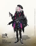  1girl assault_rifle belt_pouch beret cellphone girls_frontline gloves glowstick grey_hair gun hat highlights highres jacket mdr_(girls_frontline) mdr_(gun) multicolored_hair official_art one_eye_closed pantyhose phone pink_hair radio rifle shoes sneakers solo watch weapon 