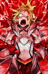  1girl angry armor blonde_hair blood blood_from_mouth blood_on_face commentary_request constricted_pupils fate/apocrypha fate/grand_order fate_(series) gauntlets glowing green_eyes lightning looking_at_viewer mordred_(fate)_(all) open_mouth pauldrons ponytail shouting solo spiky_hair torichamaru twitter_username wide-eyed 