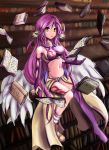  1girl :o angel_wings artist_request book breasts bridal_gauntlets commentary crop_top feathered_wings gloves halo jibril_(no_game_no_life) long_hair low_wings magic_circle medium_breasts midriff mismatched_legwear multicolored multicolored_eyes navel no_game_no_life open_mouth orange_eyes pink_hair shoes sideboob single_shoe solo stomach tattoo very_long_hair white_wings wing_ears wings yellow_eyes 