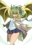  1girl absurdres animal_ears blush breasts canine duel_monster fingerless_gloves gloves green_eyes green_hair hair_ornament highres jacket long_hair looking_at_viewer medium_breasts open_mouth pleated_skirt ponytail ribbon skirt smile solo tail wide_sleeves wings wynn yaibaken yu-gi-oh! 