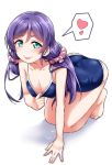  1girl :p \||/ aqua_eyes arm_support ass barefoot blue_swimsuit breasts collar_tug collarbone commentary_request heart highres kneeling light_blush long_hair looking_at_viewer love_live! love_live!_school_idol_project medium_breasts one-piece_swimsuit pink_scrunchie purple_hair school_swimsuit solo spoken_heart swimsuit tongue tongue_out toujou_nozomi twintails white_background yopparai_oni 