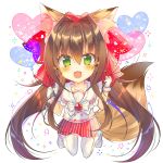  1girl :d animal_ears balloon bangs bell blush brown_hair chibi commentary_request eyebrows_visible_through_hair fang fox_ears fox_girl fox_tail gloves green_eyes hair_bell hair_between_eyes hair_intakes hair_ornament heart heart_balloon highres holding_balloon jingle_bell kneeling long_hair monaka_natsume open_mouth original pleated_skirt red_skirt sailor_collar school_uniform serafuku shirt shoes simple_background skirt smile solo striped tail thigh-highs uwabaki vertical-striped_skirt vertical_stripes very_long_hair white_background white_footwear white_gloves white_legwear white_sailor_collar white_shirt 