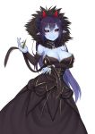  1girl absurdres artist_name black_sclera blue_skin breast_hold breasts caleana commission cosplay demon_(monster_girl_encyclopedia) demon_girl demon_horns detached_sleeves dress fate/apocrypha fate/grand_order fate_(series) fur_collar hair_between_eyes highres horns large_breasts long_hair looking_at_viewer monster_girl_encyclopedia nail_polish pointy_ears purple_hair red_eyes semiramis_(fate) semiramis_(fate)_(cosplay) simple_background slit_pupils smile solo very_long_hair white_background 