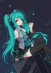  1girl absurdres aqua_eyes aqua_hair chenran_tiantang detached_sleeves from_side hatsune_miku headset highres long_hair looking_at_viewer necktie open_mouth pleated_skirt sitting skirt solo thigh-highs twintails very_long_hair vocaloid 