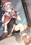  1girl bike_shorts black_legwear black_shorts blue_eyes boots chibirisu fur_trim gloves grey_skirt grey_vest hair_between_eyes hat kantai_collection open_mouth pink_hair pleated_skirt pom_pom_(clothes) ponytail red_footwear red_gloves santa_boots santa_gloves santa_hat shiranui_(kantai_collection) short_hair shorts shorts_under_skirt skirt solo twitter_username vest 