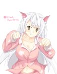  1girl animal_ears animal_print black_hanekawa breasts brown_eyes cat_ears cat_print character_name cleavage commentary_request fang hanekawa_tsubasa highres large_breasts long_hair looking_at_viewer monogatari_(series) navel nekomonogatari pajamas print_pajamas silver_hair slit_pupils solo very_long_hair yellow_eyes yossui 