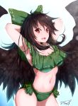  1girl :d armpits arms_behind_head baileys_(tranquillity650) bikini black_hair black_wings bow breasts cleavage eyebrows_visible_through_hair feathered_wings floating_hair green_bikini green_bow groin hair_between_eyes hair_bow hair_ribbon highres long_hair looking_at_viewer medium_breasts navel open_mouth red_eyes reiuji_utsuho signature smile solo standing striped striped_bow swimsuit touhou white_background wings 