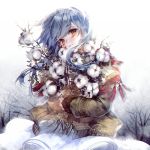  bangs blue_hair dress hieihirai holding looking_at_viewer original scarf short_hair smile upper_body winter winter_clothes yellow_eyes 