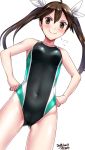  1girl artist_name black_swimsuit blush breasts brown_eyes brown_hair competition_swimsuit cowboy_shot dated hair_ribbon hands_on_hips highres kantai_collection long_hair looking_at_viewer one-piece_swimsuit ribbon simple_background small_breasts smile solo standing swimsuit tone_(kantai_collection) tsuchimiya twintails white_background white_ribbon 