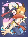  1boy 1girl :3 :d backpack bag bare_shoulders beret black_shirt blue_eyes blue_hair blue_pants boots breasts cafe_(chuu_no_ouchi) gen_1_pokemon hair_ornament hat hikari_(pokemon) kouki_(pokemon) long_hair miniskirt no_pupils o_o one_eye_closed open_mouth outstretched_arm pants pink_footwear pink_skirt poke_ball_theme pokemon pokemon_(creature) pokemon_(game) pokemon_dppt raichu red_footwear red_hat red_scarf scarf shirt shoes short_hair short_sleeves skirt small_breasts smile straight_hair tank_top tongue white_hat 