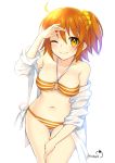  1girl ahoge bikini breasts dress_shirt fate/grand_order fate_(series) fujimaru_ritsuka_(female) himaya leaning_forward one_eye_closed one_side_up open_clothes open_shirt orange_bikini orange_eyes orange_hair shirt signature simple_background small_breasts solo striped striped_bikini swimsuit thigh_gap white_background 