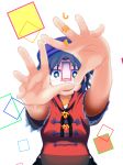  1girl bare_arms beret black_eyes black_hair blurry collared_shirt cover cover_page depth_of_field doujin_cover hands_up hat highres looking_at_viewer miyako_yoshika ofuda open_mouth outstretched_arms purple_hat red_shirt shikushiku_(amamori_weekly) shirt short_hair short_sleeves solo title touhou upper_body white_pupils 