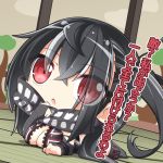  1girl :o azur_lane bangs black_hair black_legwear black_swimsuit blush breasts bridal_gauntlets chibi cleavage commentary_request dutch_angle eyebrows_visible_through_hair eyes_visible_through_hair front_zipper_swimsuit hair_between_eyes hand_up indoors large_breasts long_hair looking_at_viewer lying meme_attire multicolored_hair norwegian_flag on_floor on_stomach one-piece_swimsuit one_side_up parted_lips red_eyes shachoo. sidelocks silver_hair solo streaked_hair swimsuit thigh-highs translation_request u-47_(azur_lane) unzipped 