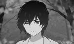  0d3ssa 1boy bangs commentary darling_in_the_franxx greyscale highres hiro_(darling_in_the_franxx) looking_at_viewer male_focus monochrome one_eye_closed short_hair signature solo tree 