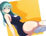  1girl aqua_hair arm_support ass blue_eyes blush breasts closed_mouth hair_between_eyes hair_ornament hairclip highres kantai_collection large_breasts long_hair looking_at_viewer nel-c school_swimsuit sideboob sitting socks solo suzuya_(kantai_collection) swimsuit twisted_torso two-tone_background white_border white_legwear yellow_background 