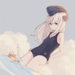  2girls black_swimsuit blonde_hair blue_eyes blue_sky breasts clouds commentary_request cowboy_shot day dutch_angle erect_nipples eyebrows_visible_through_hair garrison_cap hat highres i-58_(kantai_collection) kantai_collection kokudou_juunigou long_hair multiple_girls outdoors school_swimsuit sky small_breasts solo_focus swimsuit u-511_(kantai_collection) water 