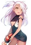  1girl :d apple bangs bare_arms bare_shoulders black_dress breasts brown_eyes chloe_von_einzbern commentary dark_skin dress fate/kaleid_liner_prisma_illya fate_(series) food fruit long_hair one_side_up open_mouth panties red_apple revision silver_hair simple_background skirt_basket small_breasts smile solo strap_slip underwear very_long_hair white_background white_panties yan_(nicknikg) 