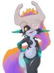  1girl 3d_rod! breasts fang grey_skin hands_on_hips headpiece midna multicolored_hair navel neon_trim one_eye_covered orange_hair pointy_ears purple_hair red_eyes simple_background small_breasts solo the_legend_of_zelda the_legend_of_zelda:_twilight_princess thigh_gap tongue tongue_out white_background wide_hips yellow_sclera 