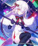  1girl :o ahoge bell black_bikini_top black_gloves black_legwear blush bow capelet dress elbow_gloves fate/grand_order fate_(series) fur-trimmed_capelet fur_trim gift gloves green_bow green_ribbon headpiece highres holding holding_weapon jeanne_d&#039;arc_(fate)_(all) jeanne_d&#039;arc_alter_santa_lily looking_at_viewer ribbon shinooji snowing solo striped striped_bow striped_ribbon thigh-highs weapon white_capelet yellow_eyes 