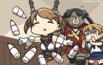  3girls animalization banana_peel bear black_hair brown_eyes brown_hair closed_eyes commentary_request dated gloves hamu_koutarou headgear highres indoors kantai_collection light_brown_hair mikuma_(kantai_collection) multiple_girls mutsu_(kantai_collection) neckerchief oboro_(kantai_collection) pleated_skirt school_uniform serafuku shaded_face short_hair skirt sweat tripping twintails type_91_armor-piercing_shell white_gloves 