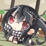  1girl :o azur_lane bangs black_hair black_legwear black_swimsuit blush breasts bridal_gauntlets chibi cleavage dutch_angle eyebrows_visible_through_hair eyes_visible_through_hair front_zipper_swimsuit hair_between_eyes hand_up indoors large_breasts long_hair looking_at_viewer lying meme_attire multicolored_hair norwegian_flag on_floor on_stomach one-piece_swimsuit one_side_up parted_lips red_eyes shachoo. sidelocks silver_hair solo streaked_hair swimsuit thigh-highs u-47_(azur_lane) unzipped 