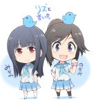  2girls :d arm_behind_back black_legwear blue_background blue_eyes blue_hair blue_neckwear blue_skirt blush brown_hair celebi_ryousangata chibi clock_hands gradient gradient_background hibike!_euphonium kasaki_nozomi light_blue_skirt liz_to_aoi_tori long_hair looking_at_viewer multiple_girls neckerchief open_mouth ponytail red_eyes sailor_collar school_uniform serafuku shirt short_hair short_sleeves skirt smile standing twitter_logo watch watch white_background white_footwear white_legwear white_shirt yoroizuka_mizore 