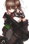  1girl black_legwear breasts brown_eyes brown_hair closed_mouth gloves gun holster jacket kfr knee_pads long_hair looking_at_viewer medium_breasts military off_shoulder open_clothes open_jacket original pantyhose side_ponytail skirt solo thigh_holster weapon white_background 