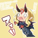  /\/\/\ 0_0 1girl black_robe blonde_hair blush caster_(fate/zero) caster_(fate/zero)_(cosplay) chibi commentary_request cosplay facial_mark fate/grand_order fate/zero fate_(series) forehead_mark horns ibaraki_douji_(fate/grand_order) long_hair nose_blush oni oni_horns open_mouth outline outstretched_arms pointy_ears robe shachoo. solo translation_request tripping white_outline yellow_background 