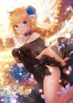  1girl apple_caramel black_dress blonde_hair blue_eyes blurry bouquet braid breasts choker cleavage depth_of_field dress dutch_angle eyebrows_visible_through_hair fate/grand_order fate_(series) flower hair_between_eyes hair_flower hair_ornament highres indoors jeanne_d&#039;arc_(fate)_(all) jewelry large_breasts long_hair looking_at_viewer necklace petals pixiv_fate/grand_order_contest_2 side_slit sideboob single_braid smile solo sparkle very_long_hair 