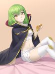  1girl :o bangs blush boots breasts c.c. cape code_geass cristalavi crop_top green_hair highres holding_pizza long_hair looking_at_viewer medium_breasts midriff navel shirt shorts sitting solo thigh-highs thigh_boots white_footwear white_shirt white_shorts yellow_eyes 