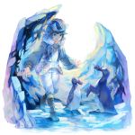  1boy blue_eyes blue_hair boots commentary_request dated fur_trim great_auk hat highres ice jacket koya10305 long_sleeves making_of male_focus original pants signature smile standing standing_on_one_leg walking white_pants 