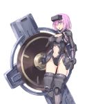  1girl armor bangs black_armor black_legwear black_leotard breasts cleavage depo_(typebaby505) fate/grand_order fate_(series) gloves gorget hair_over_one_eye highres lavender_hair leotard mash_kyrielight midriff ortenaus pauldrons shield short_hair solo standing thigh-highs violet_eyes vr_visor 