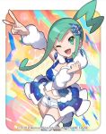  1girl 2018 ;d aqua_eyes arm_up asymmetrical_legwear bad_id bad_twitter_id bare_shoulders blue_hair choker earrings frilled_skirt frills hair_ornament high_ponytail jewelry lisia_(pokemon) looking_at_viewer navel nintendo official_art one_eye_closed one_leg_raised open_mouth pokemon pokemon_(game) pokemon_oras saitou_naoki short_shorts shorts single_thighhigh skirt smile thigh-highs v watermark 