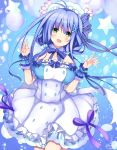  1girl :d ahoge blue blue_background blue_bow blue_hair bow bowtie cowboy_shot detached_collar dress flower flower_knight_girl frills green_eyes hair_bow hair_flower hair_ornament hair_scrunchie hairband highres long_hair looking_at_viewer open_mouth purple_bow scrunchie shabonsou_(flower_knight_girl) short_hair smile solo standing star striped striped_bow suzume_(simple0091) twintails white_dress wrist_cuffs x_hair_ornament 