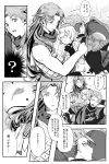  1girl 2boys ? achilles_(fate) blush centaur chiron_(fate) closed_eyes comic facing_another fate/apocrypha fate_(series) greyscale hand_on_another&#039;s_head highres jack_the_ripper_(fate/apocrypha) lap_pillow long_hair looking_at_another monochrome multiple_boys scar scar_across_eye short_hair smile takashi_(onikukku) thought_bubble translation_request 