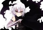  1girl bandage bandaged_arm bandaged_hands bare_shoulders black_cape cape enelis fate/apocrypha fate_(series) green_eyes holding holding_knife holding_weapon jack_the_ripper_(fate/apocrypha) knife looking_at_viewer short_hair solo torn_cape weapon white_background white_hair 