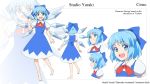  1girl :d bangs barefoot blouse blue_bow blue_dress blue_eyes blue_hair bow character_sheet cirno clenched_hand closed_mouth danmaku!! dot_nose dress english eyebrows_visible_through_hair hair_bow half_updo hand_up happy highres ice ice_wings looking_at_viewer multiple_views neck_ribbon open_mouth puffy_short_sleeves puffy_sleeves raised_eyebrows red_neckwear red_ribbon ribbon round_teeth shirt short_dress short_hair short_sleeves smile soles standing standing_on_one_leg studio_yuraki teeth touhou turnaround white_blouse white_shirt wing_collar wings zoom_layer 