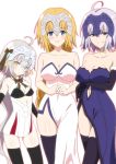  3girls ahoge bare_shoulders bell black_gloves black_legwear blonde_hair blue_dress blue_eyes blush breasts cleavage collarbone commentary_request dress elbow_gloves fate/grand_order fate_(series) gin&#039;you_haru gloves headpiece jeanne_d&#039;arc_(alter)_(fate) jeanne_d&#039;arc_(fate) jeanne_d&#039;arc_(fate)_(all) jeanne_d&#039;arc_alter_santa_lily long_hair looking_at_viewer medium_breasts multiple_girls navel_cutout pom_pom_(clothes) short_hair side_slit silver_hair simple_background small_breasts smile smirk strapless strapless_dress thigh-highs very_long_hair white_background white_dress yellow_eyes 
