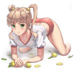  1girl all_fours amputee artist_name blonde_hair blush buruma collarbone commentary_request dimples_of_venus food fruit full_body green_eyes gym_uniform hair_bobbles hair_ornament ibarazaki_emi katawa_shoujo leaf lemon lemon_slice long_hair looking_at_viewer raiine_rand red_buruma simple_background solo twintails white_background 