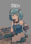  1girl absurdres aqua_hair breasts camisole character_name cleavage goggles hair_bobbles hair_ornament highres kawashiro_nitori no_hat no_headwear pants screw screwdriver sinchan1228 sitting soldering_iron solo toolbox touhou twintails work_gloves wrench 