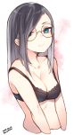  1girl arms_at_sides artist_name black_bra black_hair blue_eyes bra breasts cleavage closed_mouth collarbone cropped_arms cropped_torso dated glasses highres long_hair looking_back medium_breasts original rimless_eyewear solo strap_slip tsunekichi underwear underwear_only upper_body 