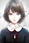  1girl bob_cut brown_hair commentary_request crack cracked_glass dress grey_background looking_at_viewer neck_ribbon nuwanko original pale_skin parted_lips red_neckwear red_ribbon ribbon short_hair solo upper_body violet_eyes white_dress 