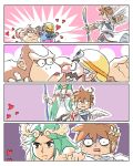 1girl 2boys 4koma angel_wings arrow bare_shoulders bow_(weapon) brown_hair closed_mouth comic constricted_pupils donkey_kong donkey_kong_(series) dress eye_contact facial_hair fujoshi goggles goggles_on_head green_eyes green_hair hand_on_another&#039;s_shoulder heart helmet holding holding_bow_(weapon) holding_weapon john_su kid_icarus kid_icarus_uprising long_hair long_sleeves looking_at_another multiple_boys mustache open_mouth palutena pants pit_(kid_icarus) pointy_ears serious short_hair silent_comic sparkle standing strapless strapless_dress super_mario_bros. super_smash_bros. sweat sweating_profusely thumbs_up tiara trembling tunic turn_pale v-shaped_eyebrows very_long_hair vest wario weapon white_wings wide-eyed wings yaoi