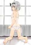  1girl ass bangs bare_arms bare_back bare_legs bare_shoulders barefoot black_hairband black_ribbon bow bow_panties bra breasts commentary_request curtains eyebrows_visible_through_hair flan_(seeyouflan) from_behind grey_eyes hair_ribbon hairband highres indoors kneeling konpaku_youmu looking_at_viewer looking_back midriff panties parted_lips profile ribbon see-through short_hair silver_hair small_breasts solo touhou underwear underwear_only white_bow white_bra white_panties window 
