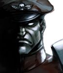  1boy capcom closed_mouth frown hankuri hat looking_at_viewer male_focus military military_hat military_uniform no_pupils portrait simple_background solo street_fighter street_fighter_ii_(series) uniform vega white_background 