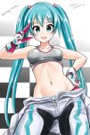  1girl absurdres aqua_eyes aqua_hair bodysuit checkered checkered_background cowboy_shot dated flick_(sal23) gloves hand_on_hip hatsune_miku highres long_hair looking_at_viewer navel open_mouth panties racing_miku salute solo striped striped_panties twintails underwear unzipped very_long_hair vocaloid 